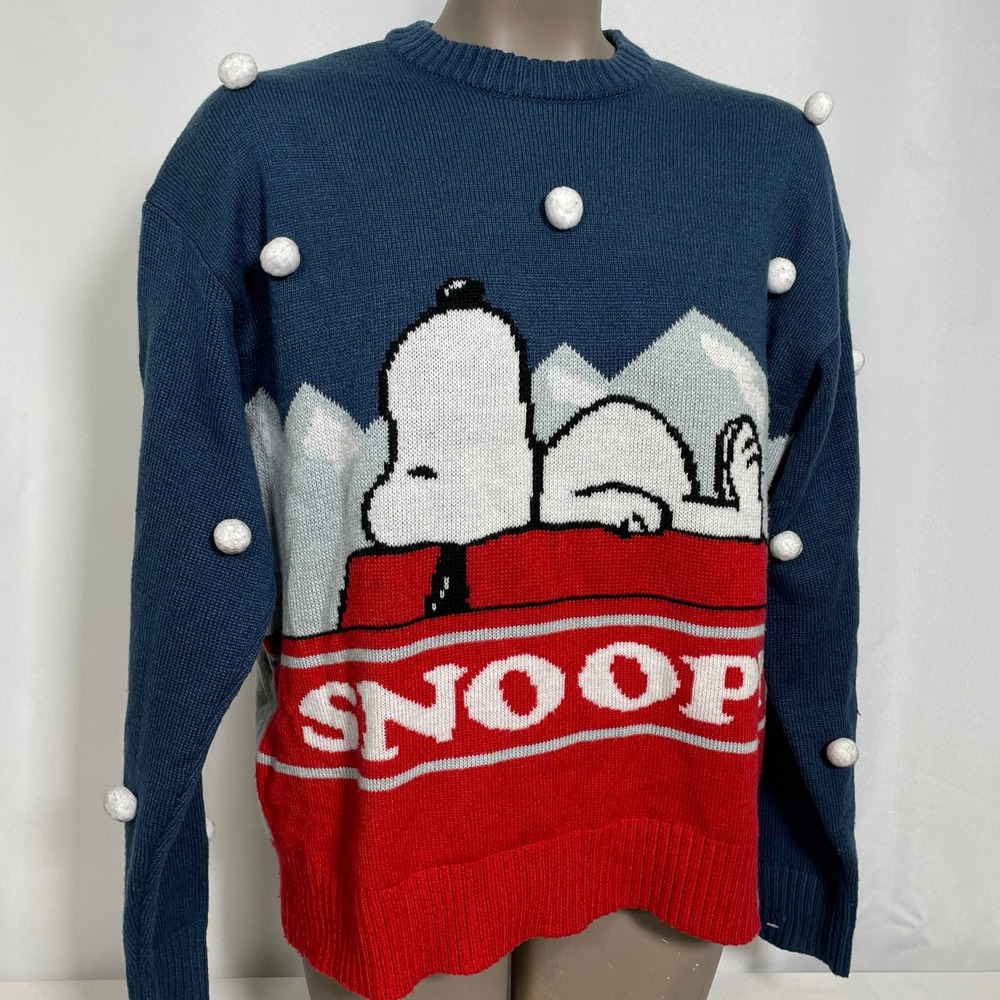 Peanuts Snoopy Navy Blue Pom Pom Christmas Knit Holiday Sweater Women's SMALL - Picture 7 of 10